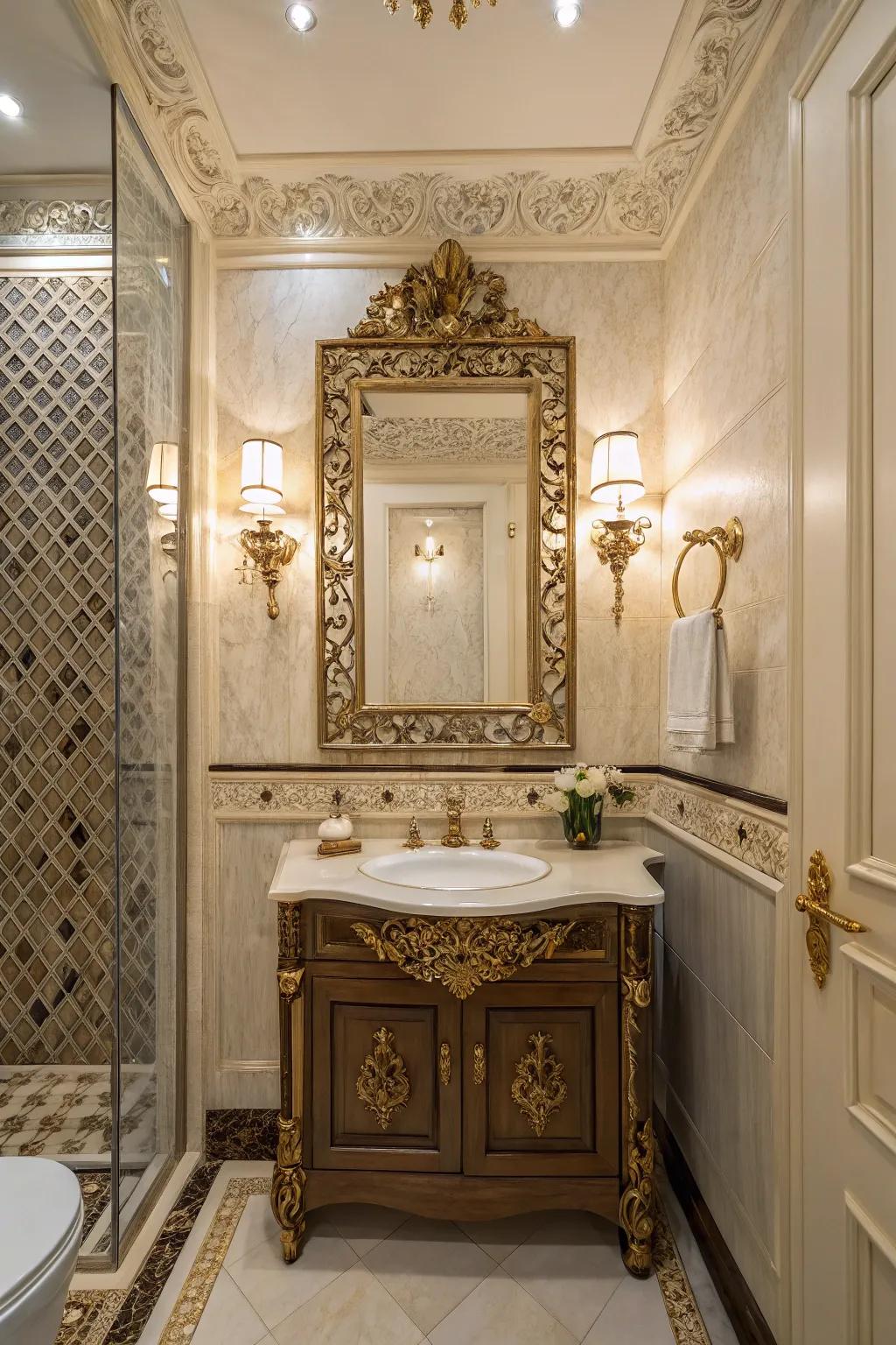 An ornate mirror enhances the sense of spaciousness in a powder room.