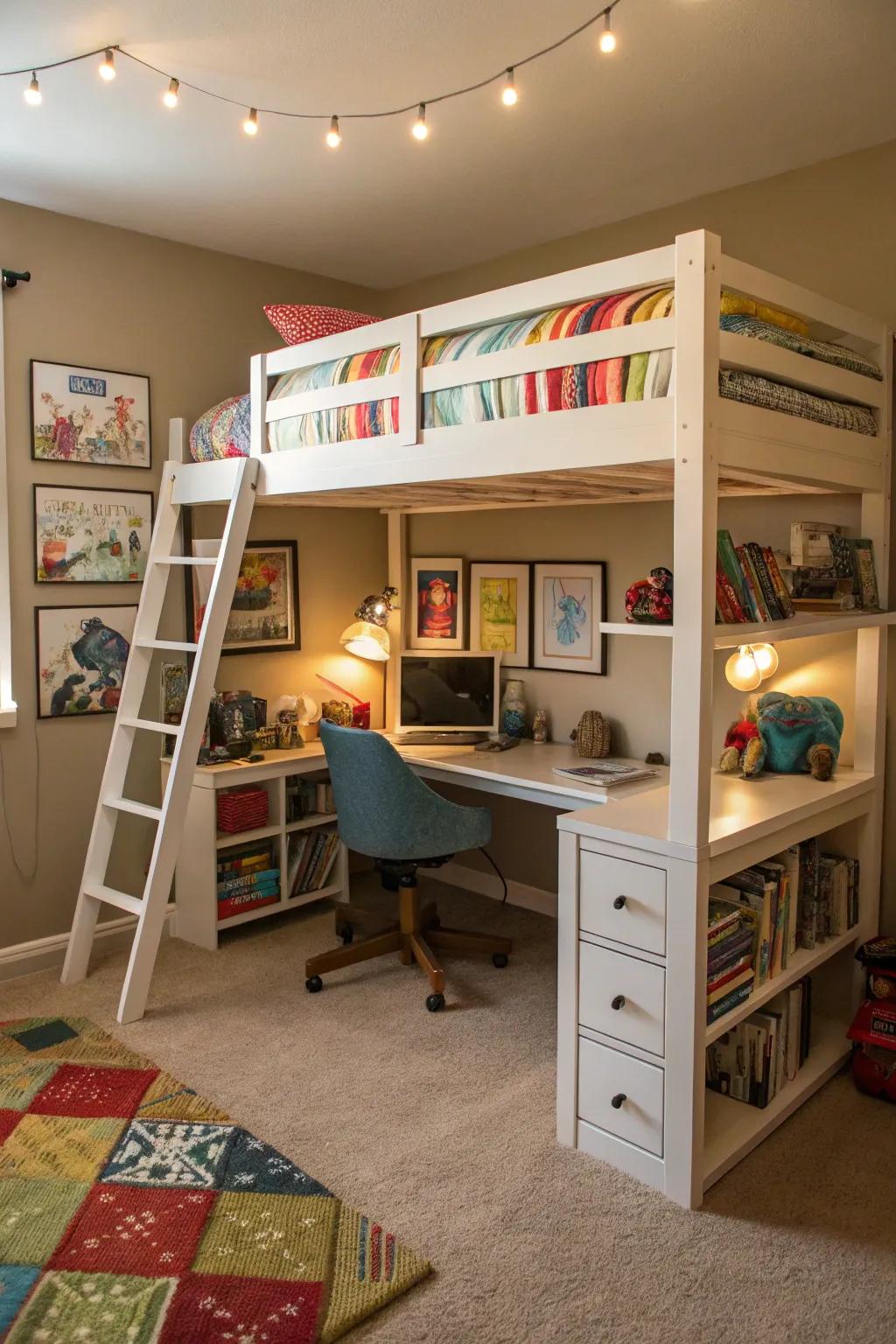 An elevated bed effectively utilizes space, accommodating both play and study.