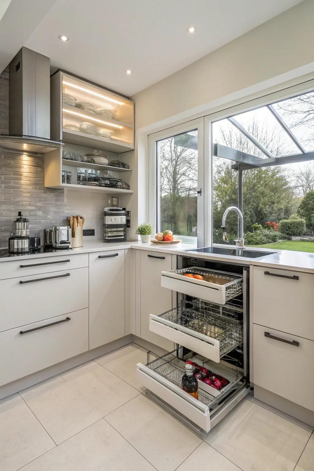 Ingenious corner storage systems optimize available space efficiently.