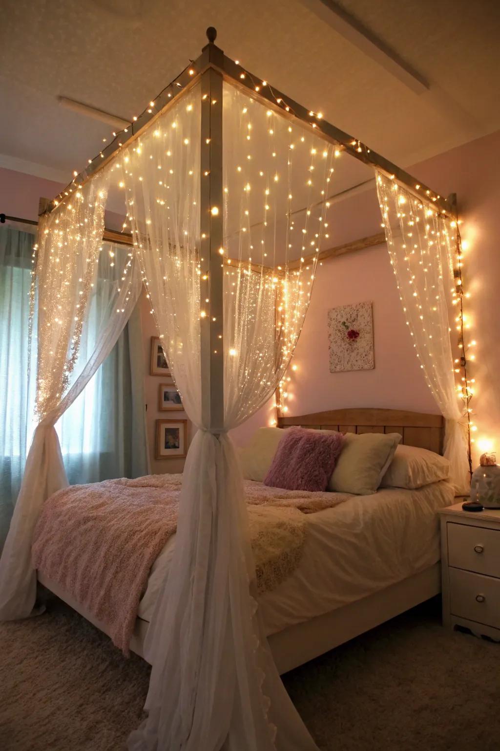 Pixie string lights contributing warmth and allure to a canopy bed.