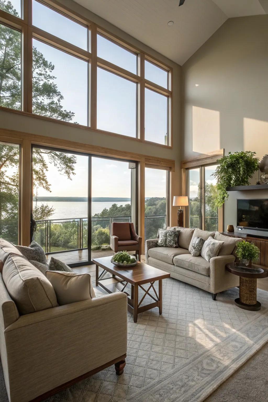 Natural illumination and expansive windows fashion a bright and extensive ambiance.