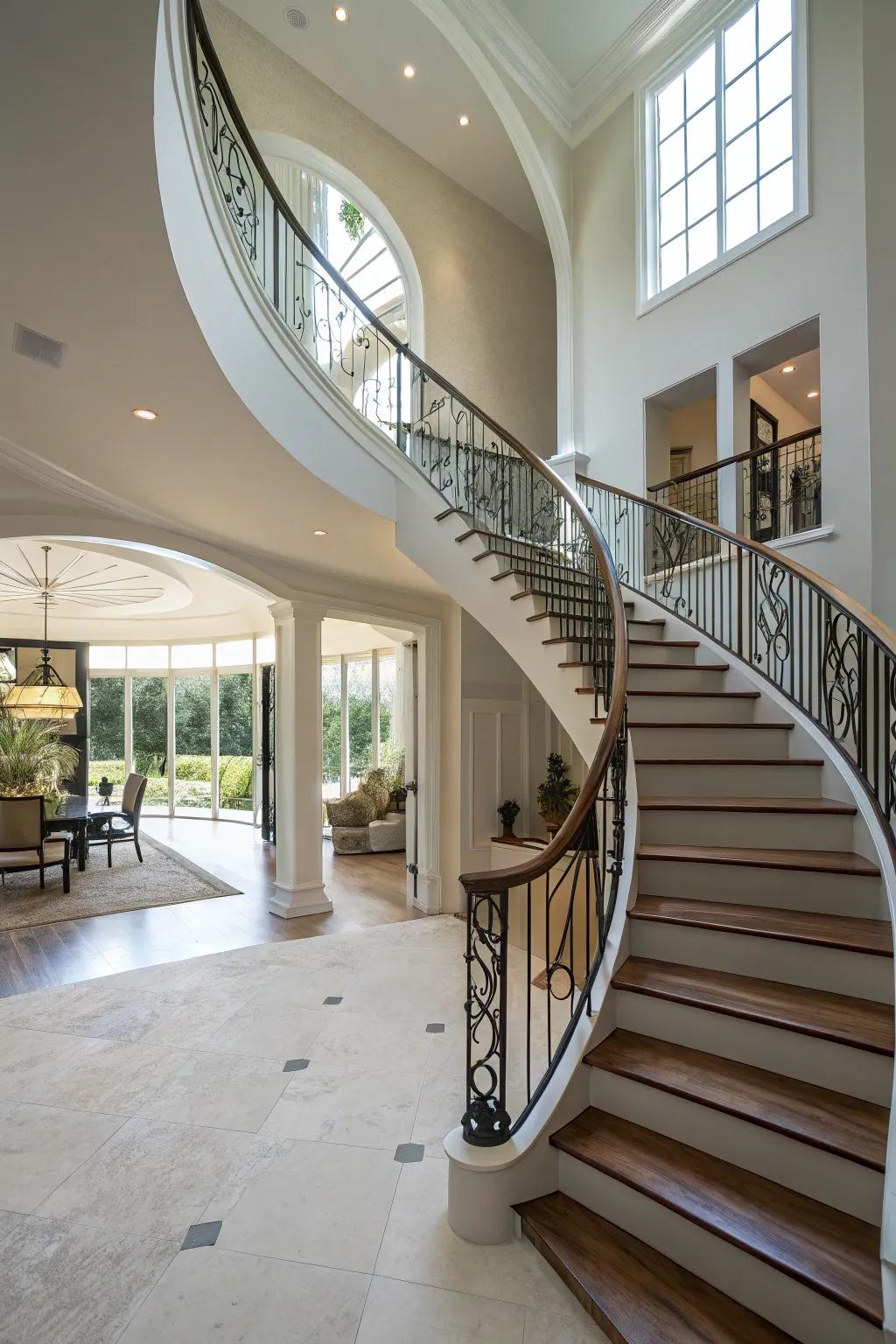 An impressive staircase design amplifies the architectural charm of the foyer.