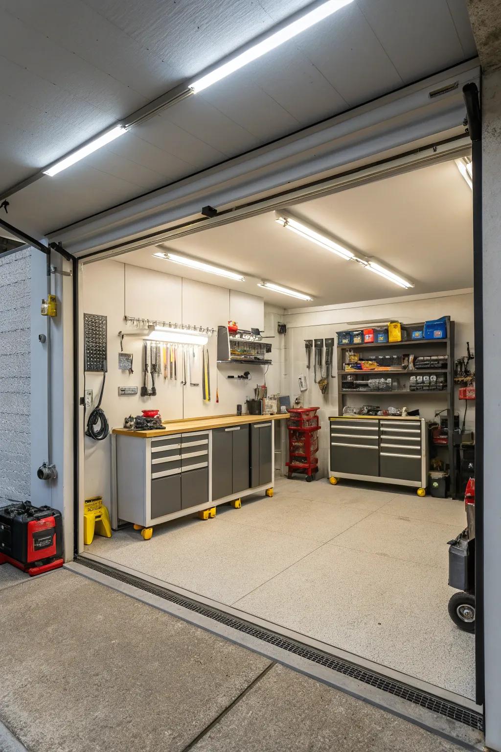 Bright lighting increases safety and practicality in your garage.