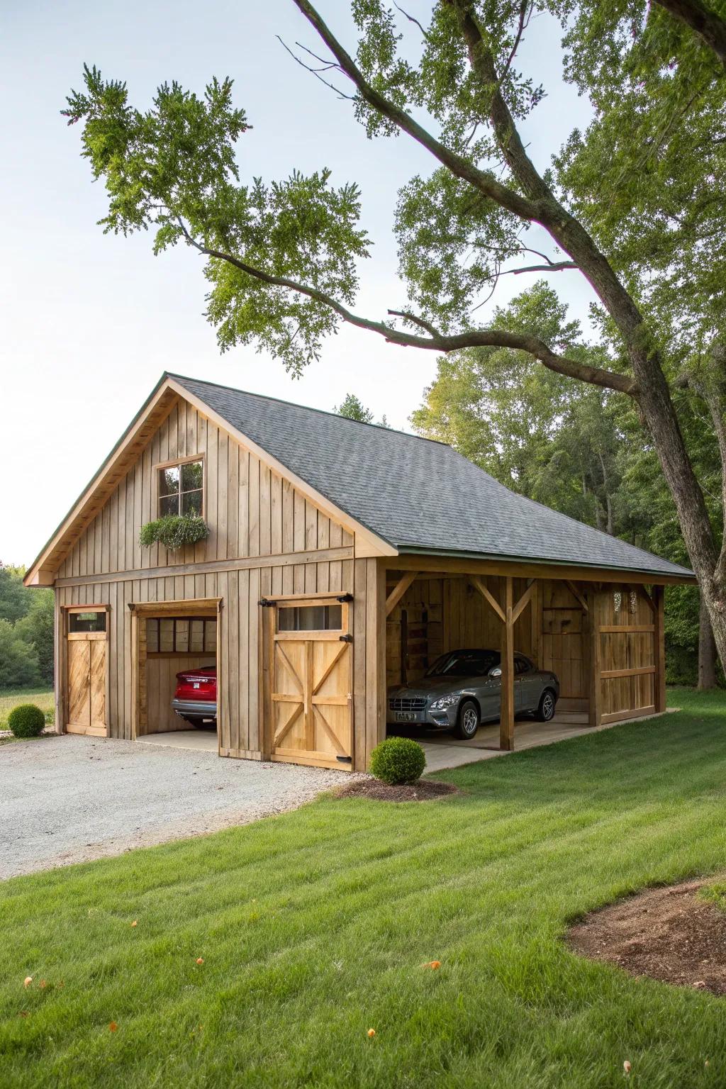 Country charm with a barn-inspired three-car garage.