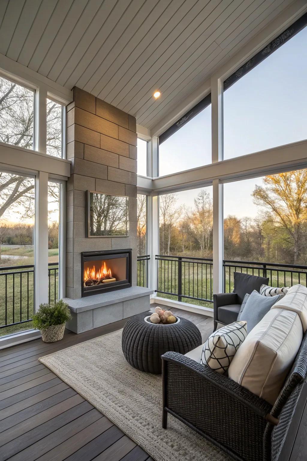 An elegant gas fireplace delivering warmth to the porch.