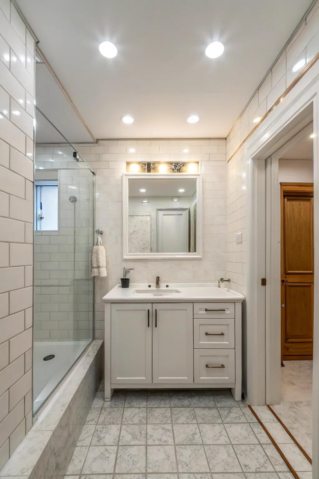 Flush-mounted lighting enriches the atmosphere of a restricted bathroom.