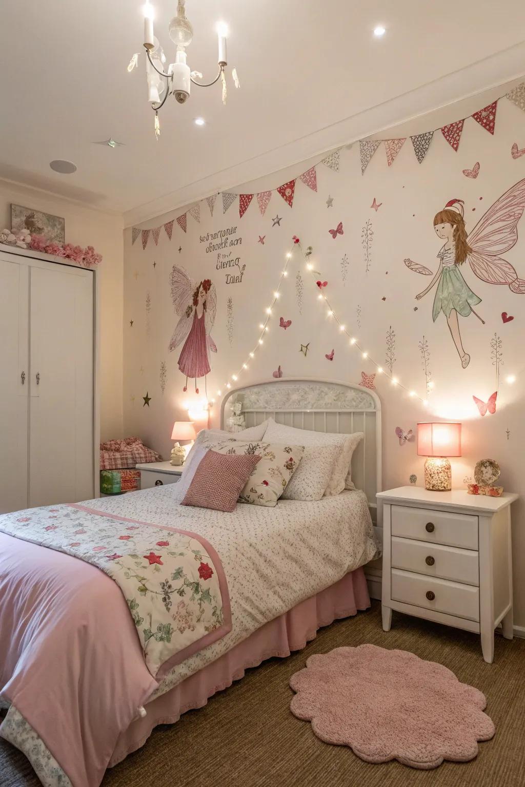 Themed decor elements, like fairies, add a personal touch to the bedroom.