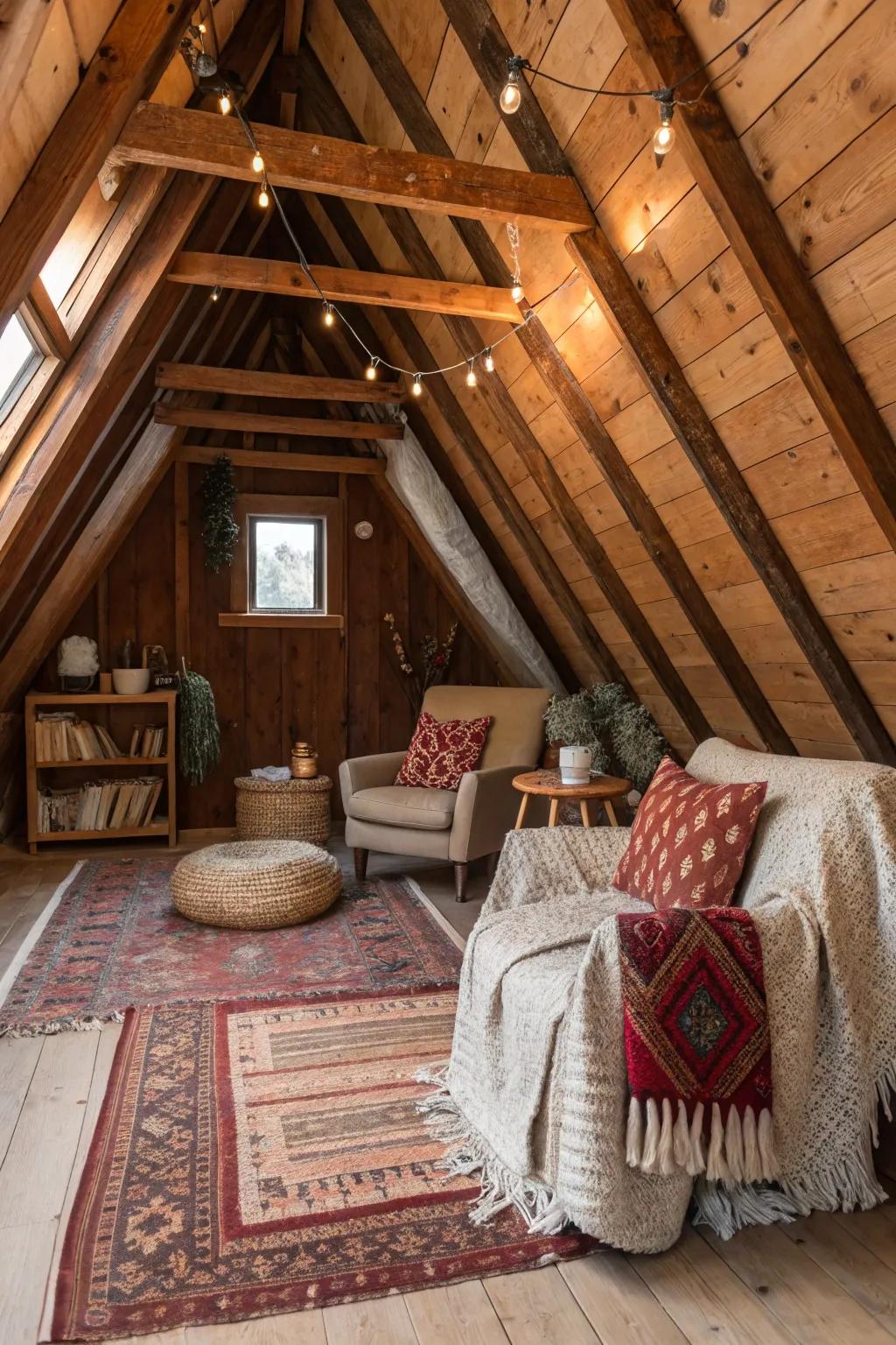 Exposed wooden beams enrich your attic's rustic appeal.