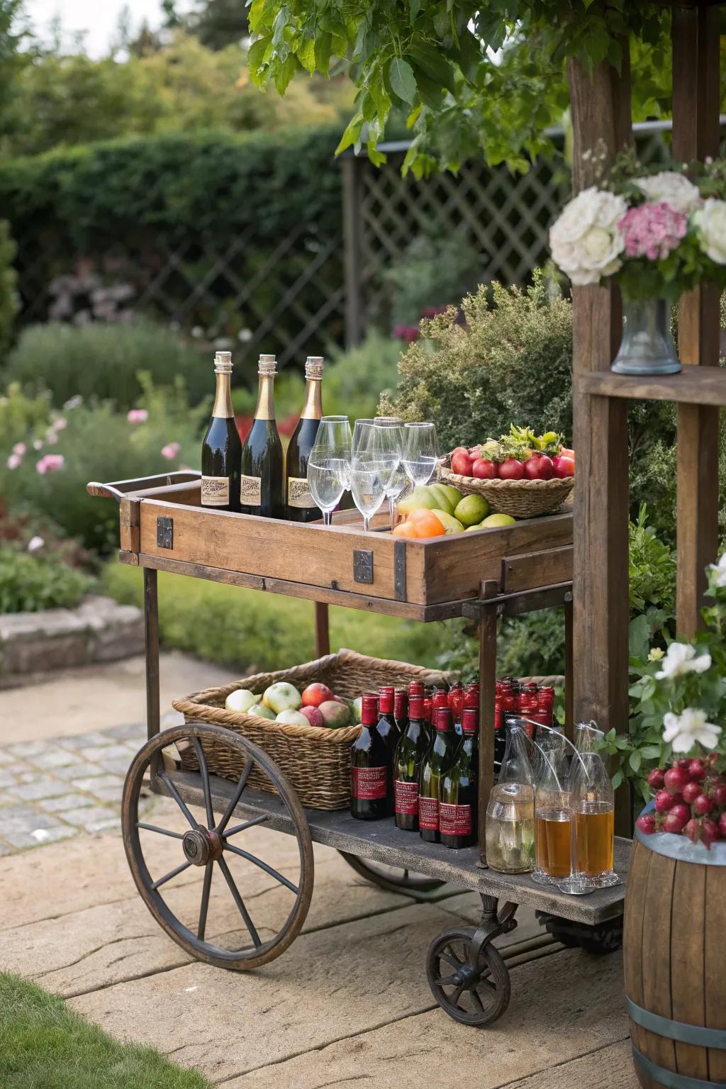 An antique garden trolley functions as an appealing bar at a garden celebration.