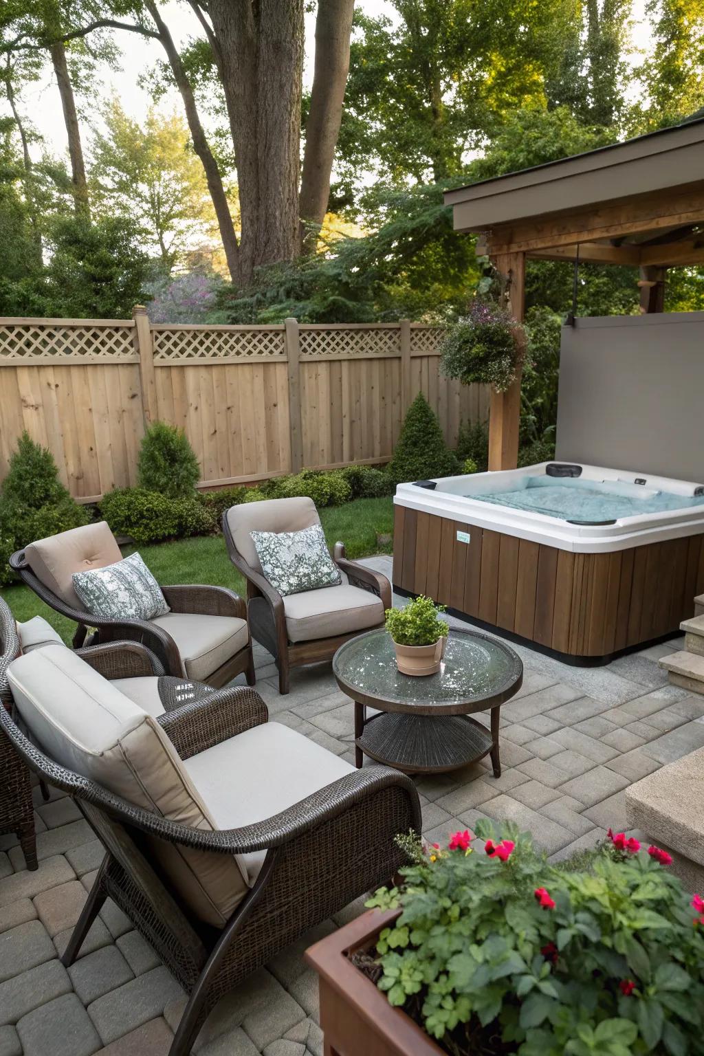 Forge a comfortable zone for unwinding with pleasant seating encircling your hydro-therapy tub.