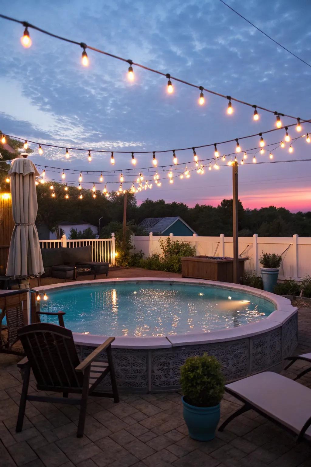 Festoon lights impart an element of enchantment to night swims.