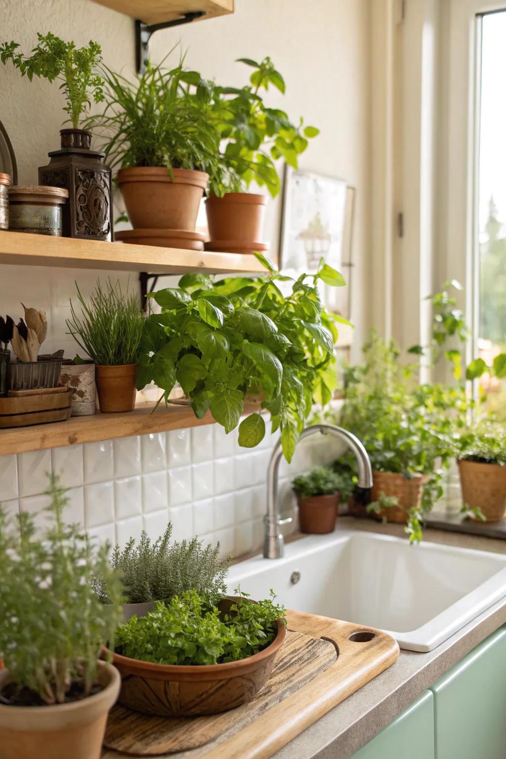 Greenery adds freshness and vitality to kitchen spaces.