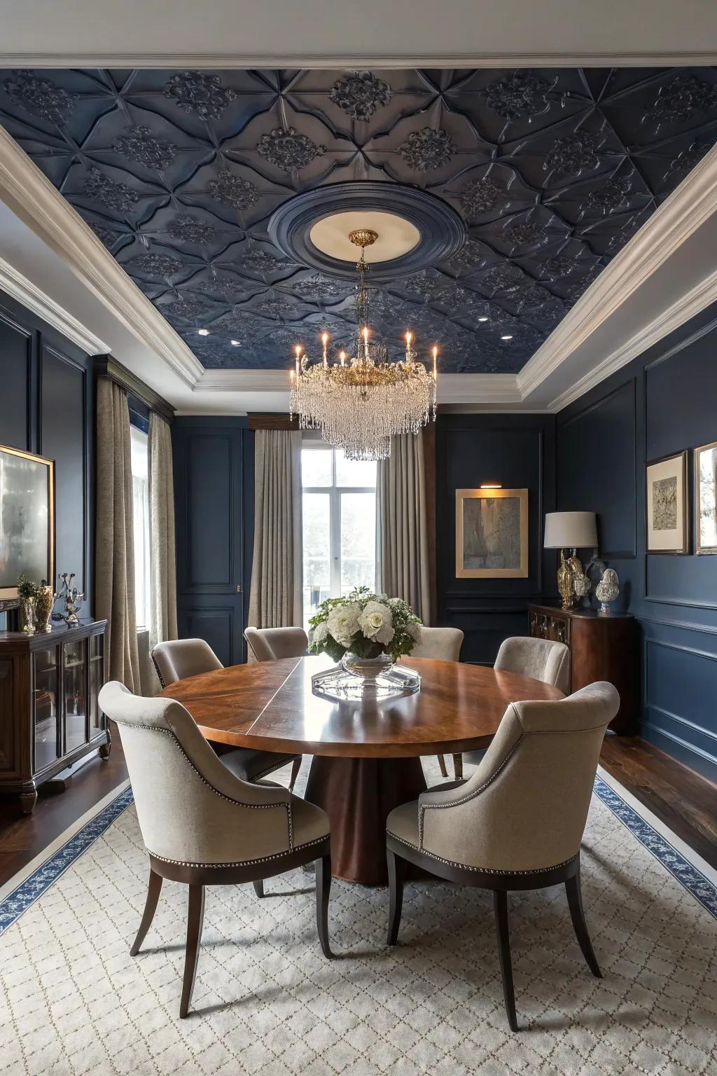 A deep teal ceiling establishes a captivating atmosphere in this dining space.