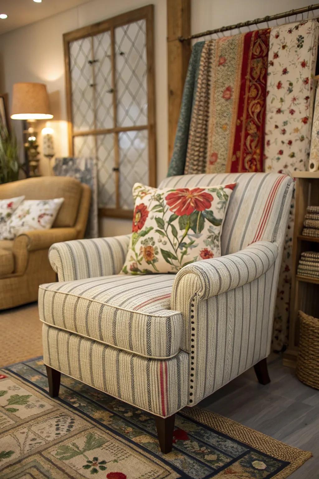 A striped chair and floral pillow combine to add visual interest.