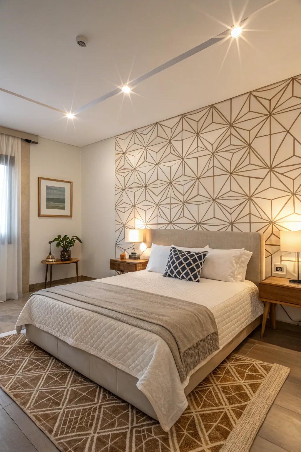 Geometric motifs on the feature wall impart a contemporary edge to this minimalist bedroom.
