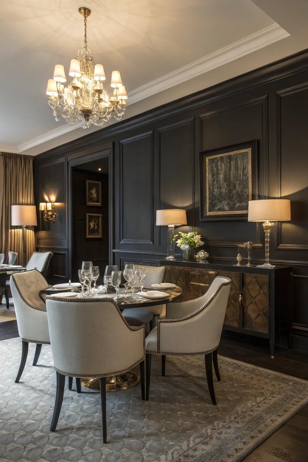 A dining space radiating drama with a dark feature wall.