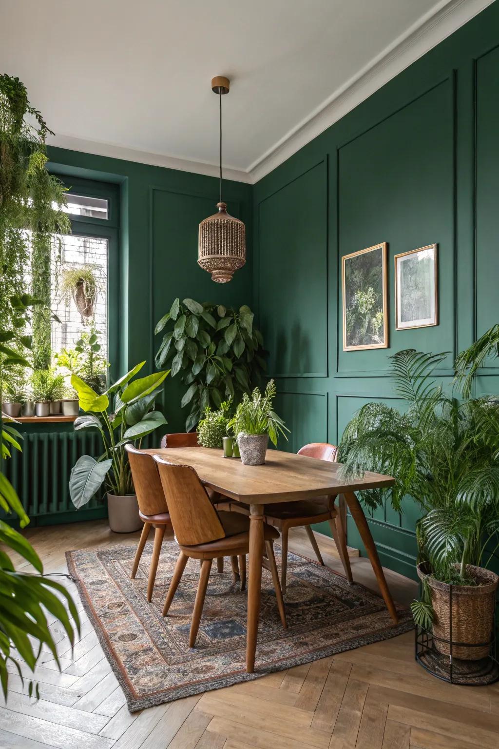 A dining room enhanced by a deep green accent wall and indoor plants.