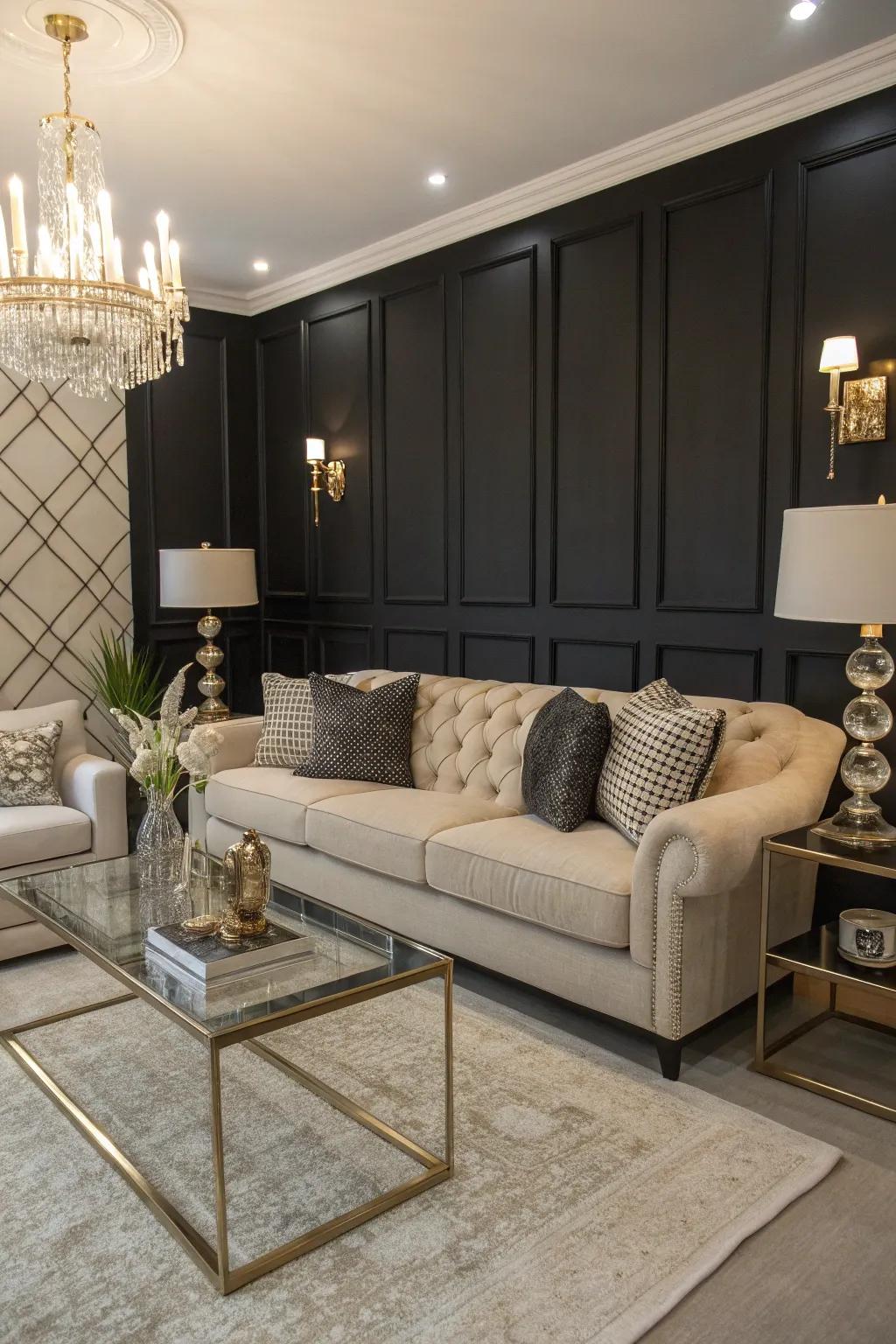 An elegant lounge highlighted by a black feature wall.