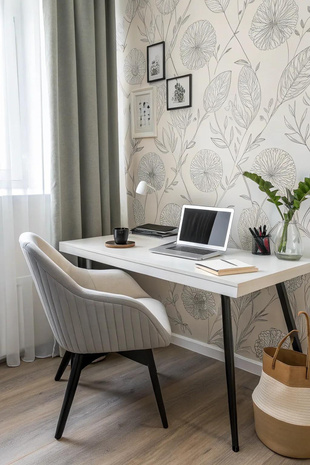 Minimalist wallpaper introduces style while enhancing focus in a home office.