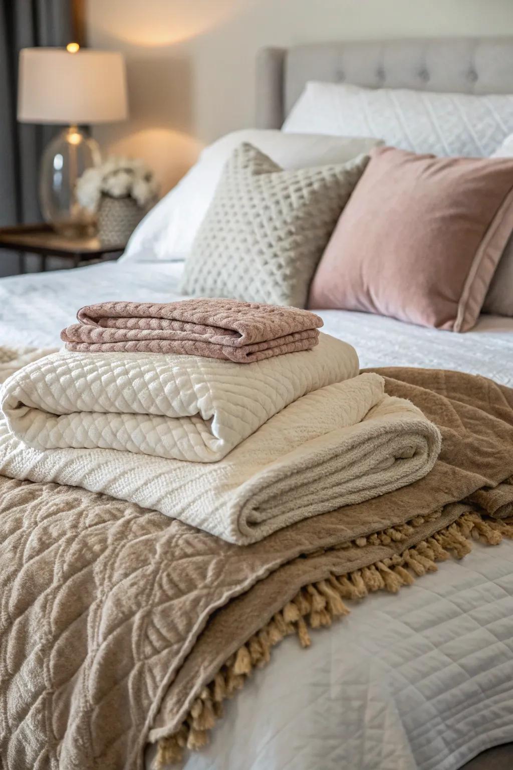 The bed is transformed into a haven of relaxation with its layers of gentle textures.