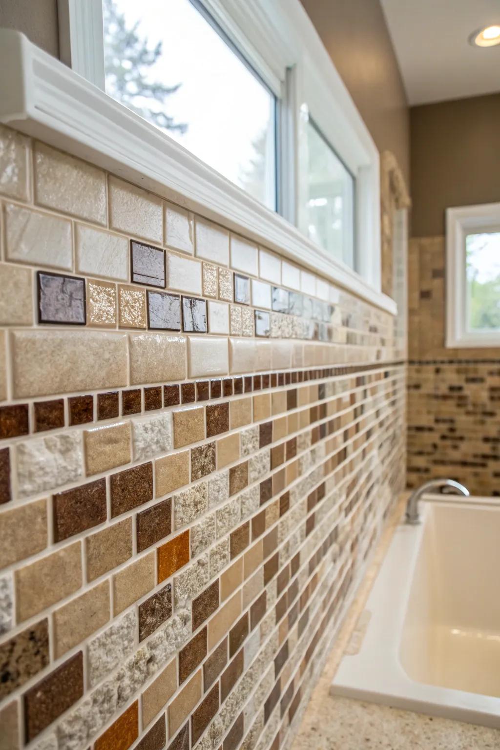 Blending elements such as ceramic and glass introduces dimension to your restroom.