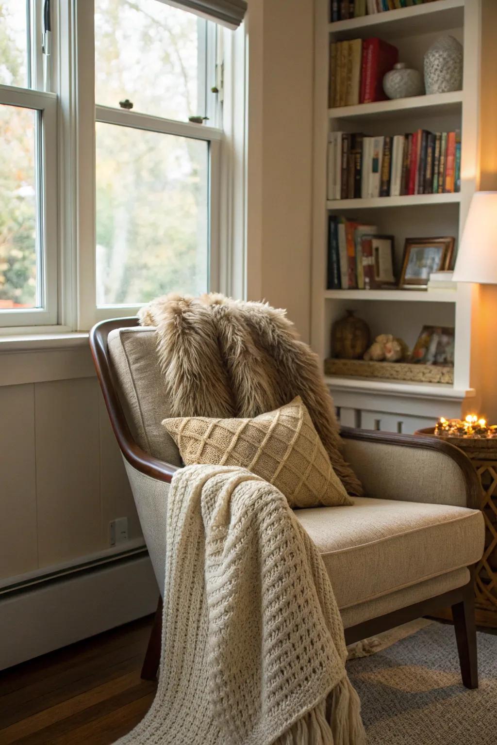 Textured throws and cushions creating a warm winter aesthetic