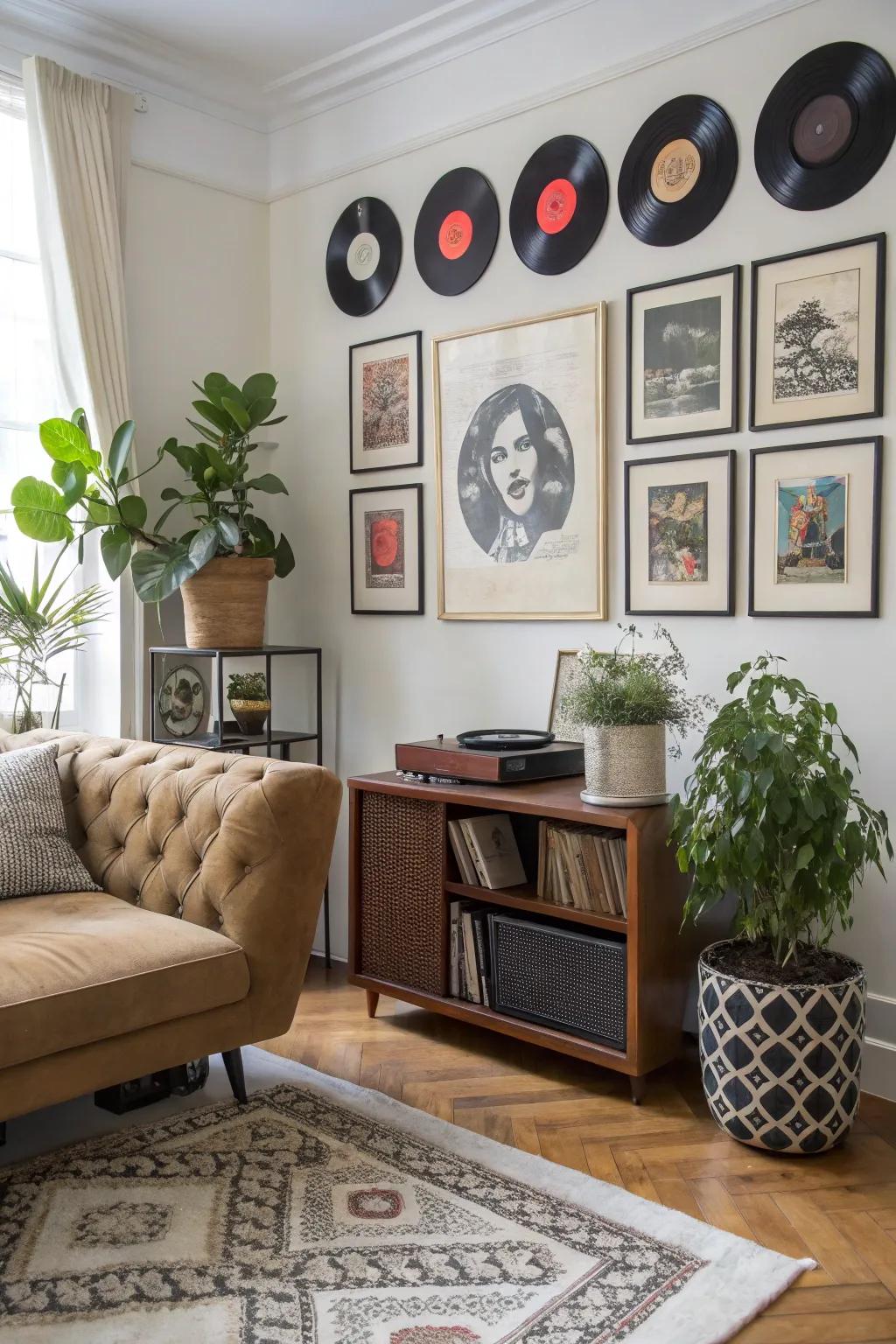 Vinyl records displayed decoratively alongside art and plants for a personalized touch.