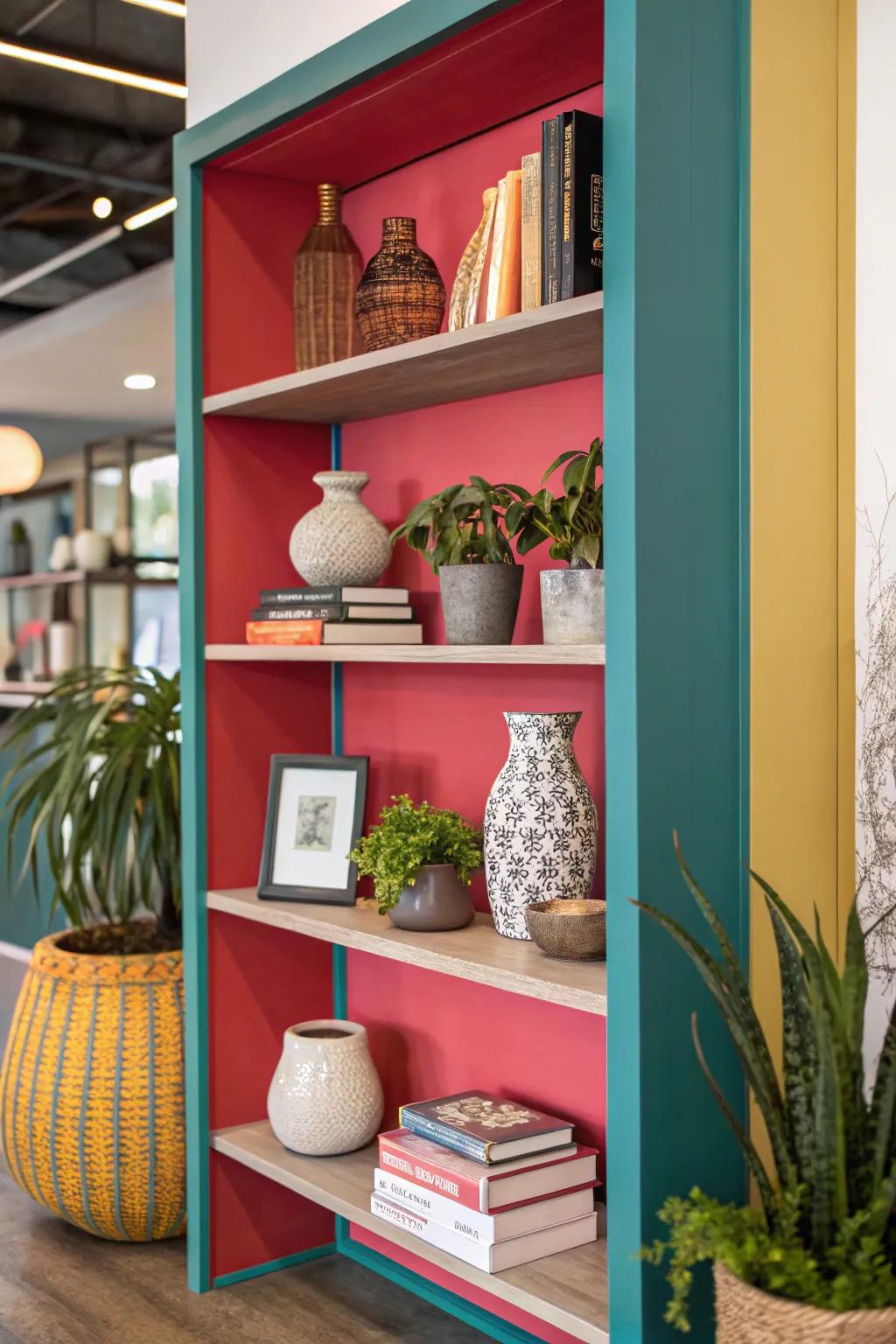 Include an accent of color to your alcove shelving to increase visual interest.