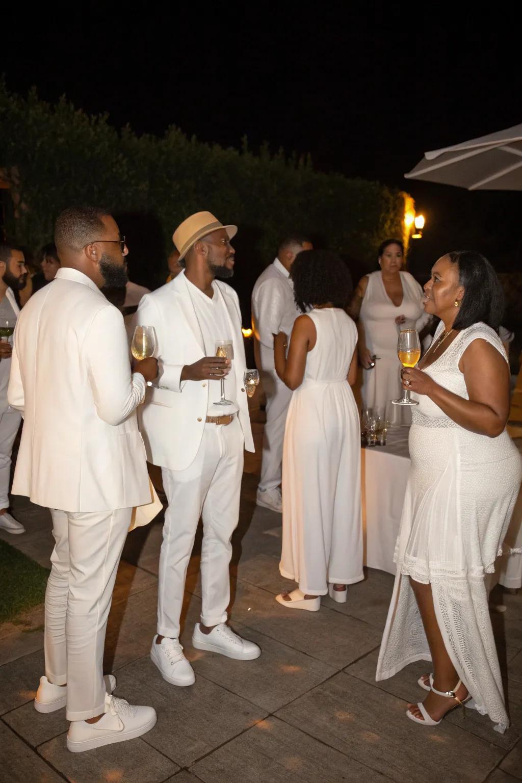 Guests in monochromatic ivory attire, creating a unified and elegant ambiance.