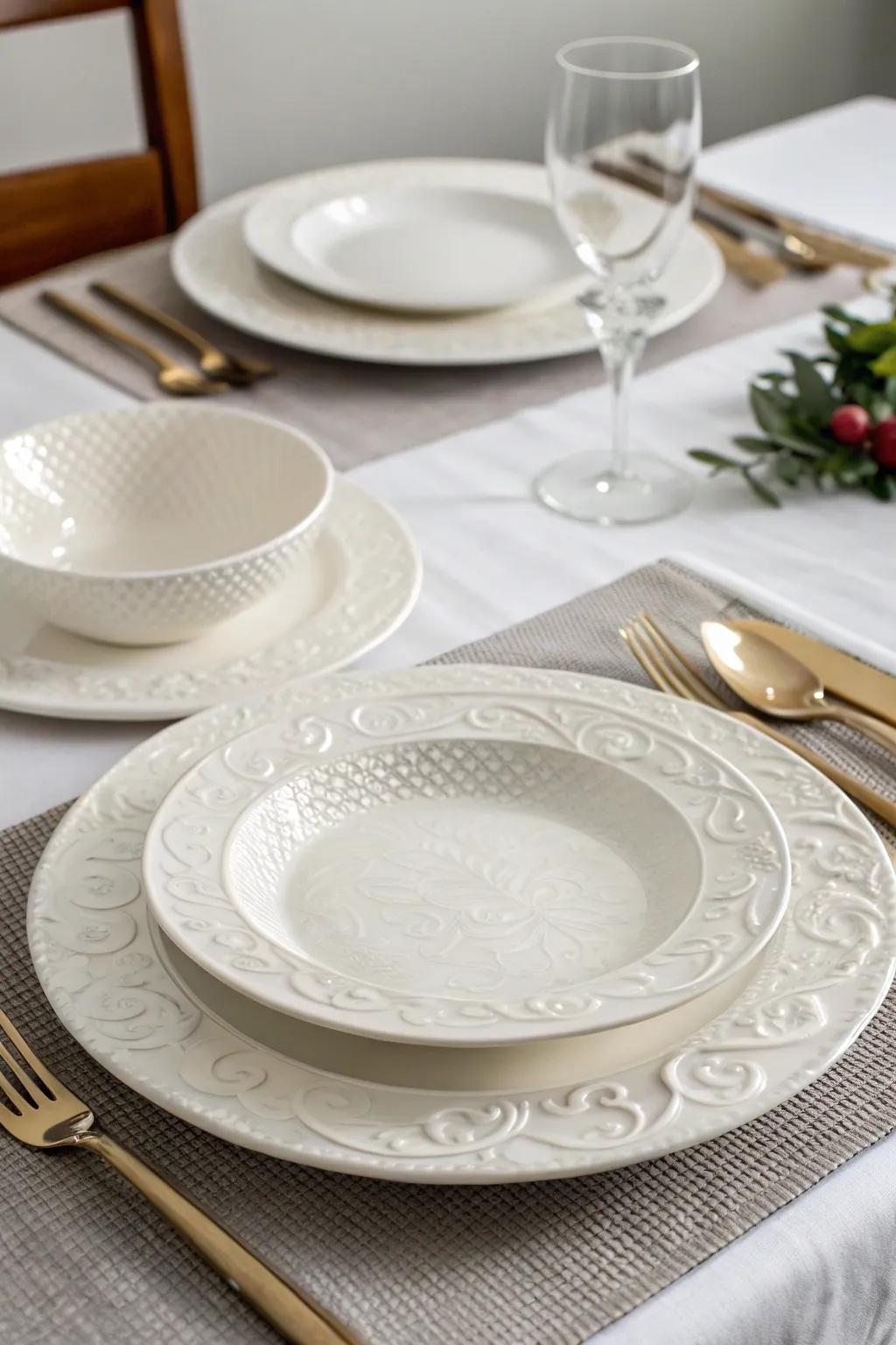 Sophisticated white tableware enhances the overall dining presentation.