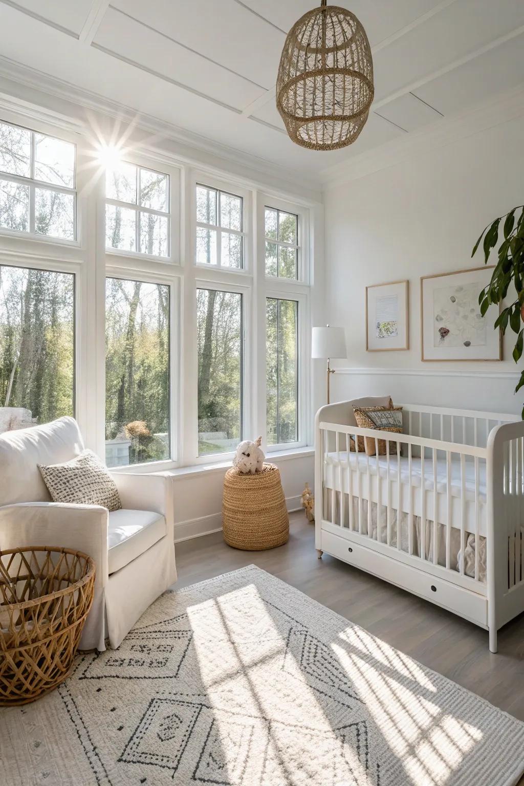 Sunlight floods a peaceful white nursery, enhancing its airy sensation.