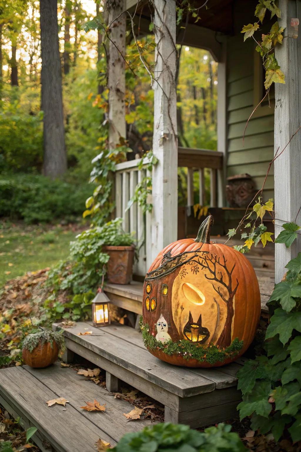 Capture the magic of anime woodlands with this captivating pumpkin display.