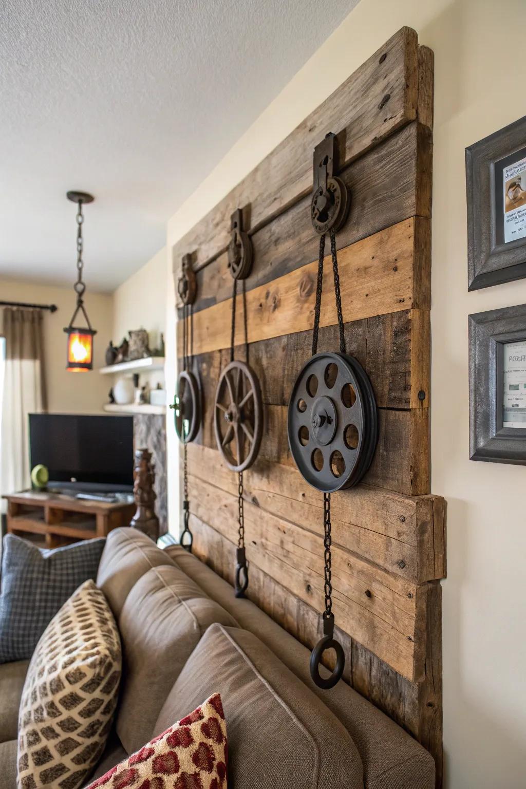 Antique pulleys fashioned into attention-grabbing wall embellishments.