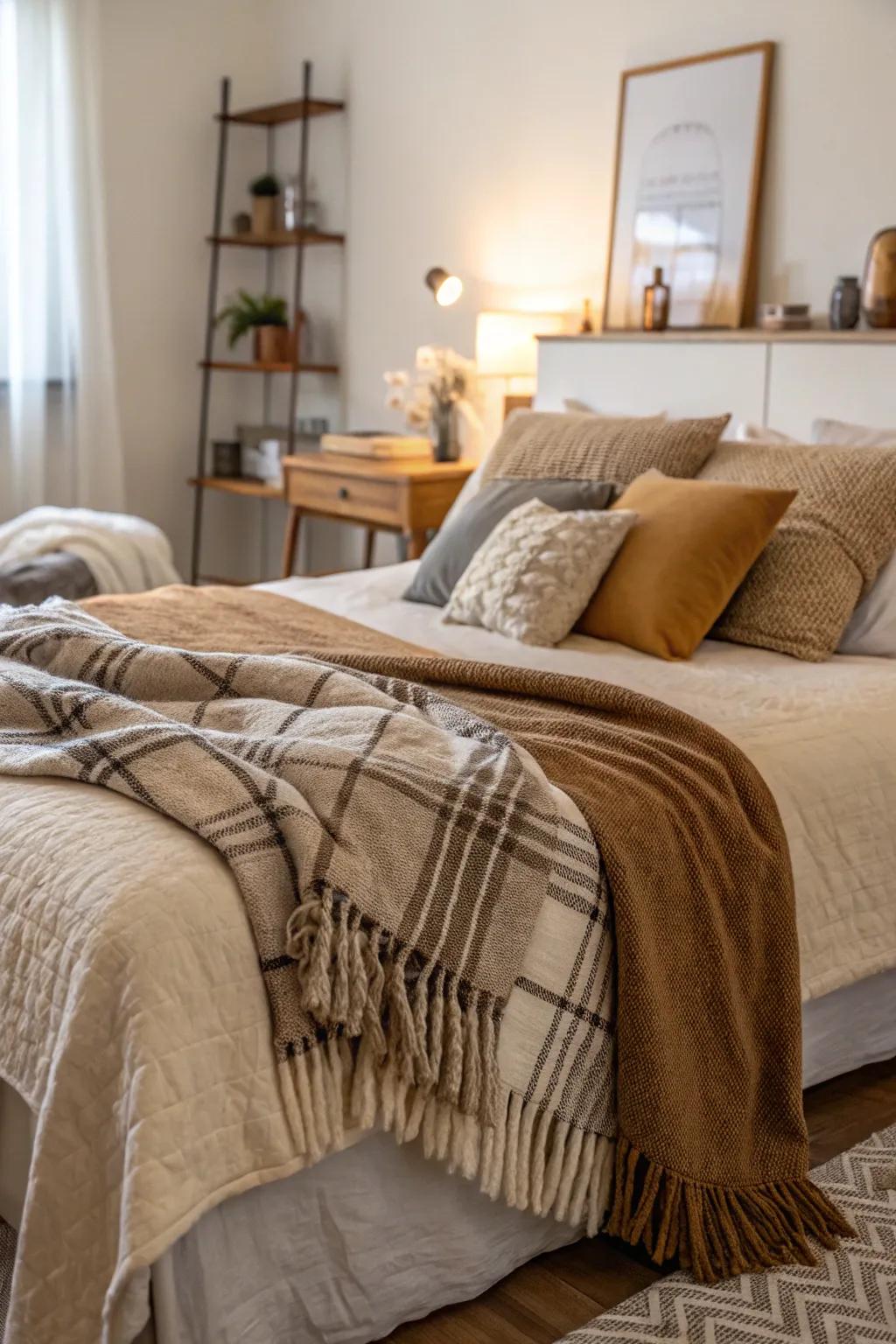 A cozy apartment bedroom accentuated with soft cushions and throws.