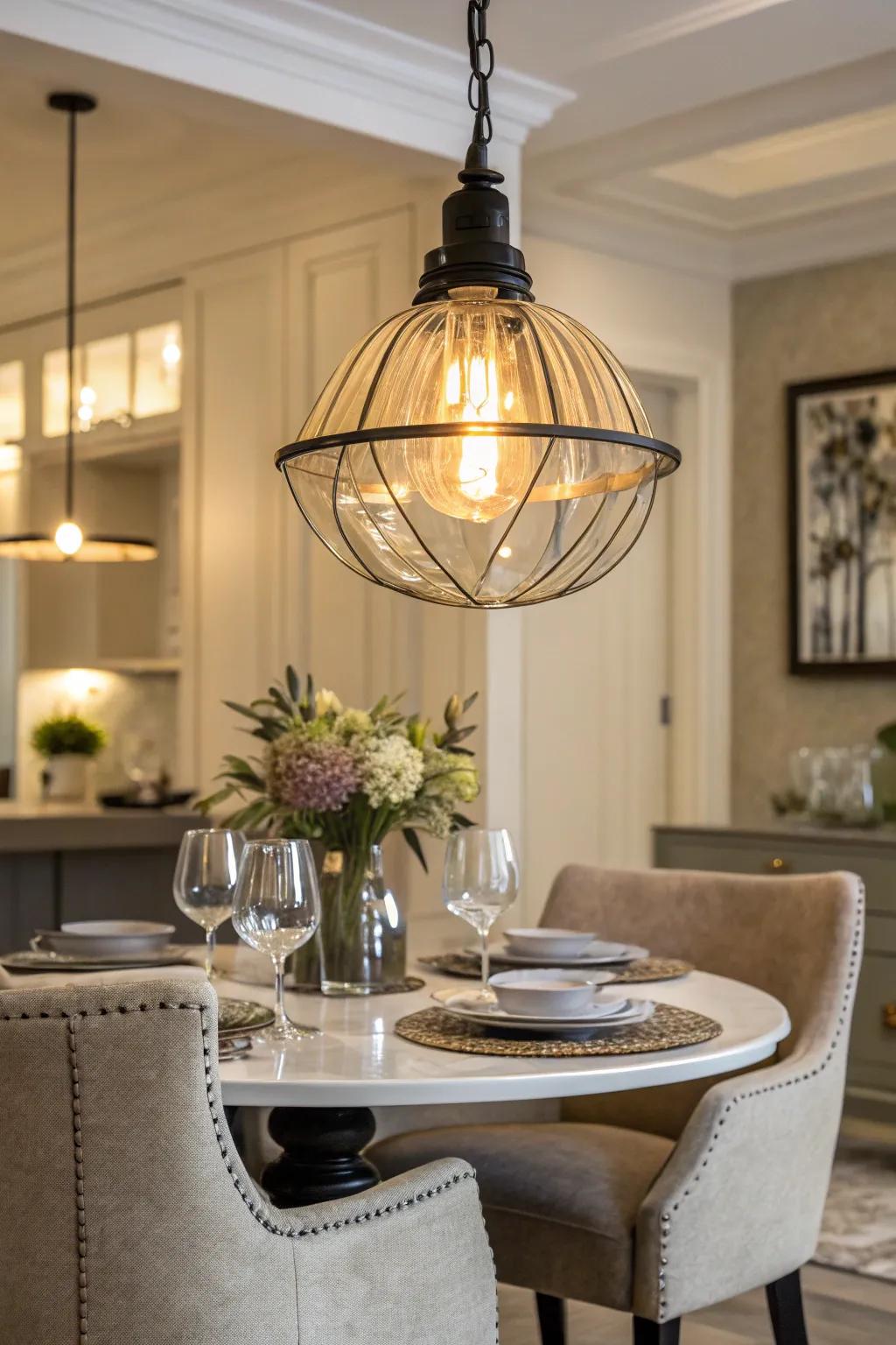 A dining space accentuated with an electrical cord pendant light.