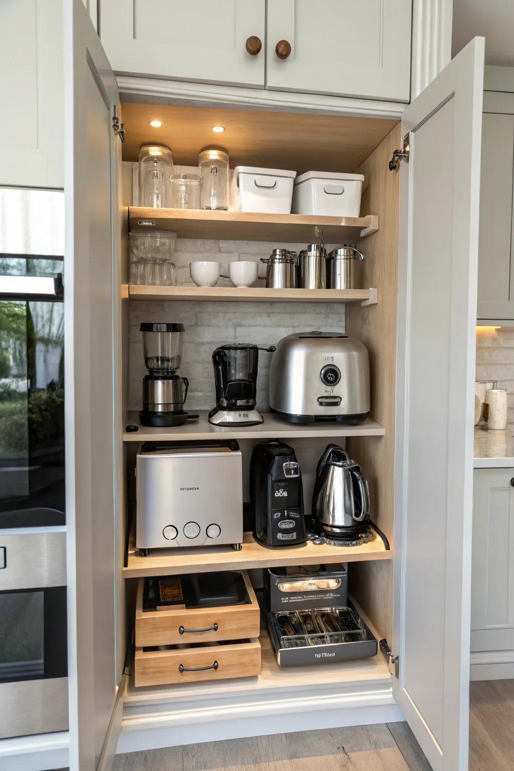 Slide-out shelving provides straightforward access to kitchen tools, boosting both use and order.