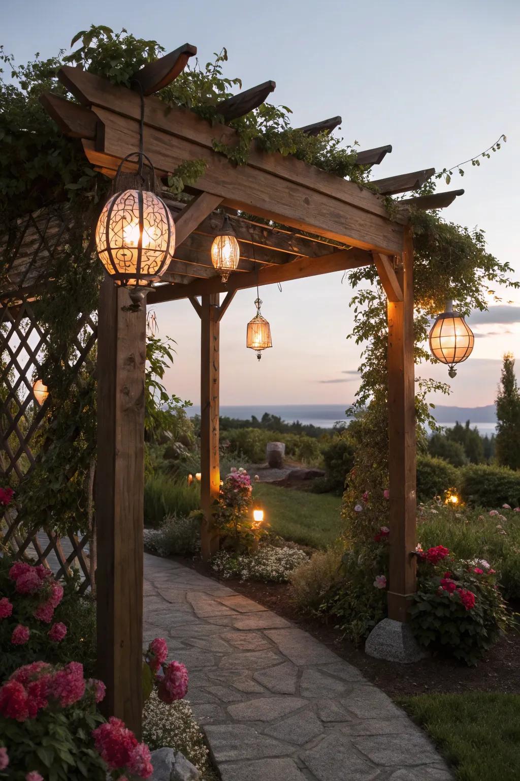 Classic lanterns on a timber pergola fashion a magical evening ambiance.