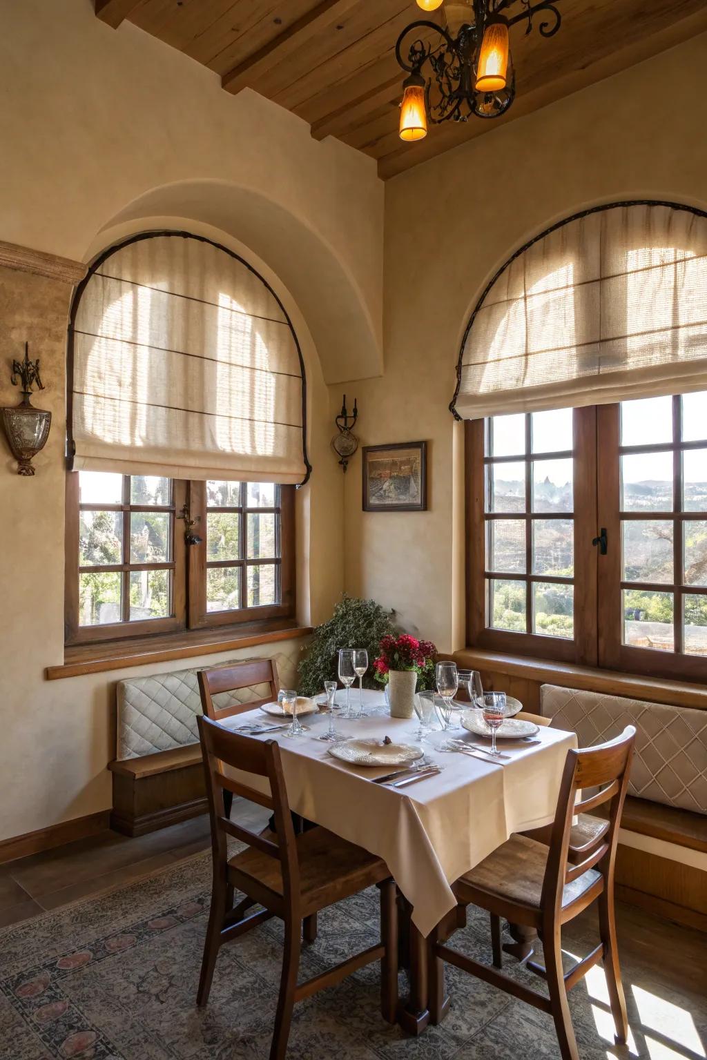 Cozy dining area enhanced by classic shade designs on arched windows.