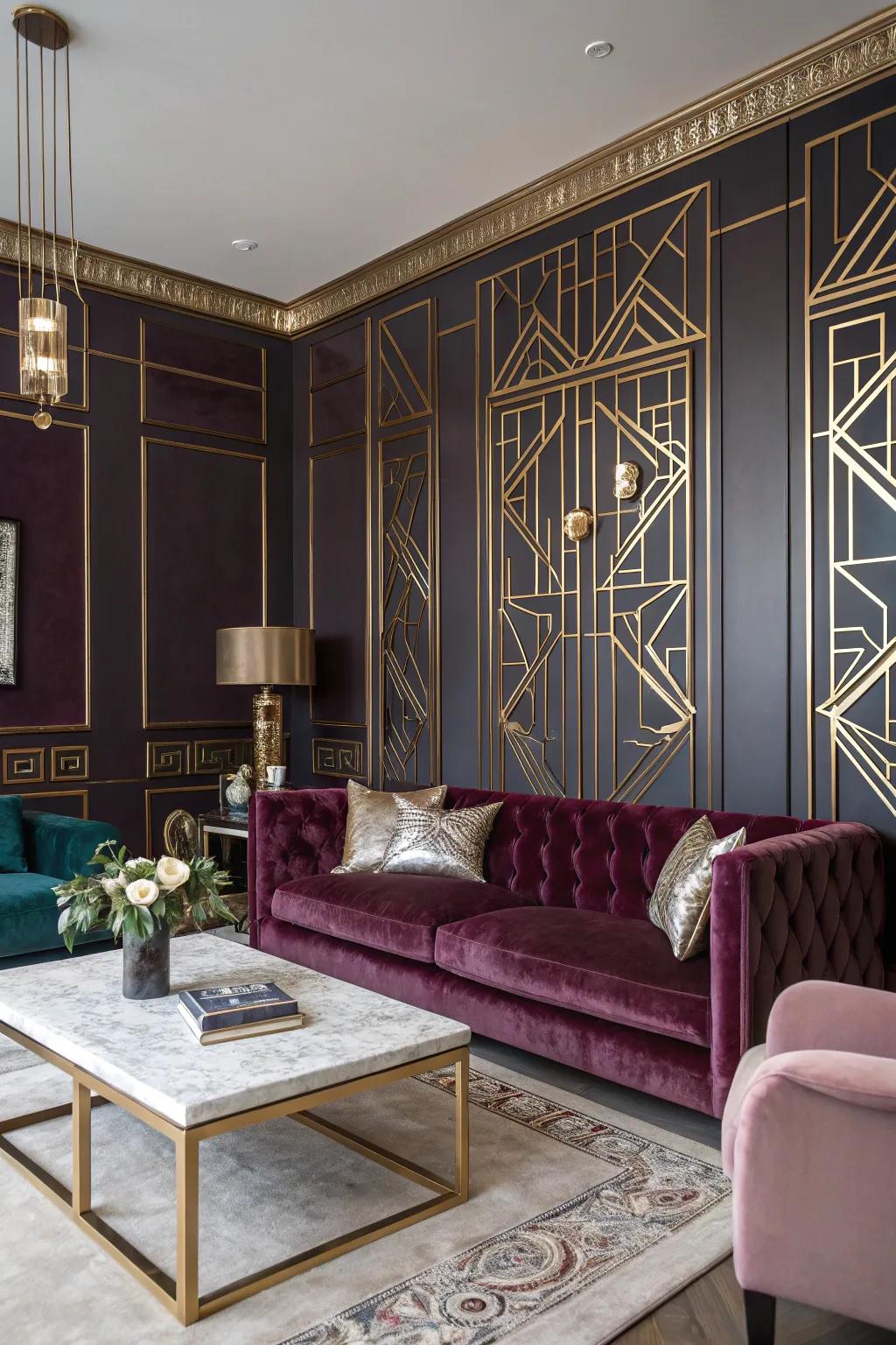 A vibrant shade spectrum determines the ambiance for an opulent Art Deco setting.
