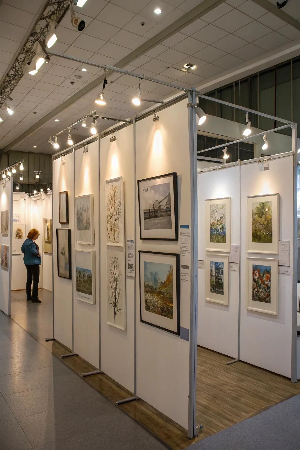 Artworks gracefully showcased on suspended boards.