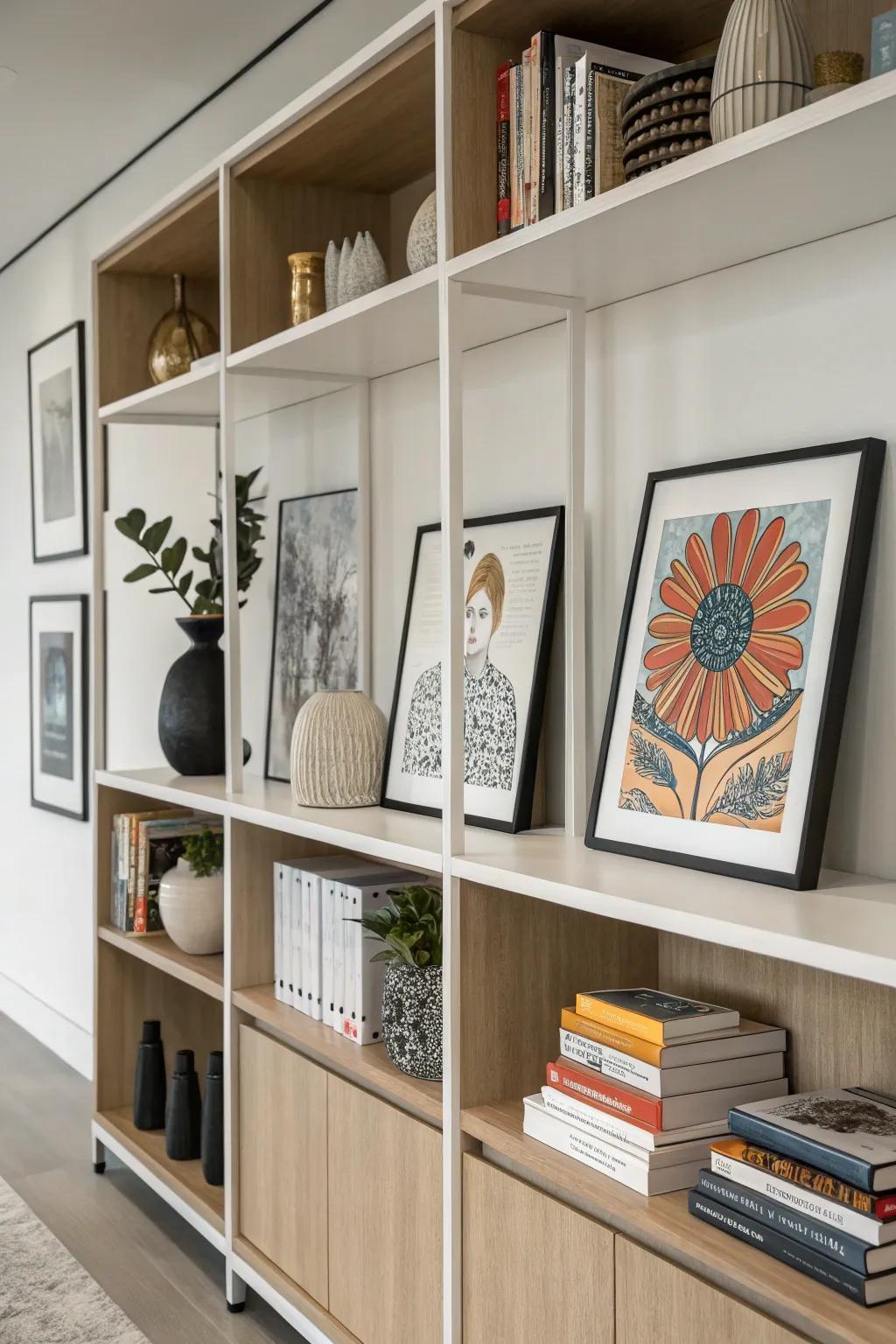 A refined shelf composition showcasing art prints and decor.
