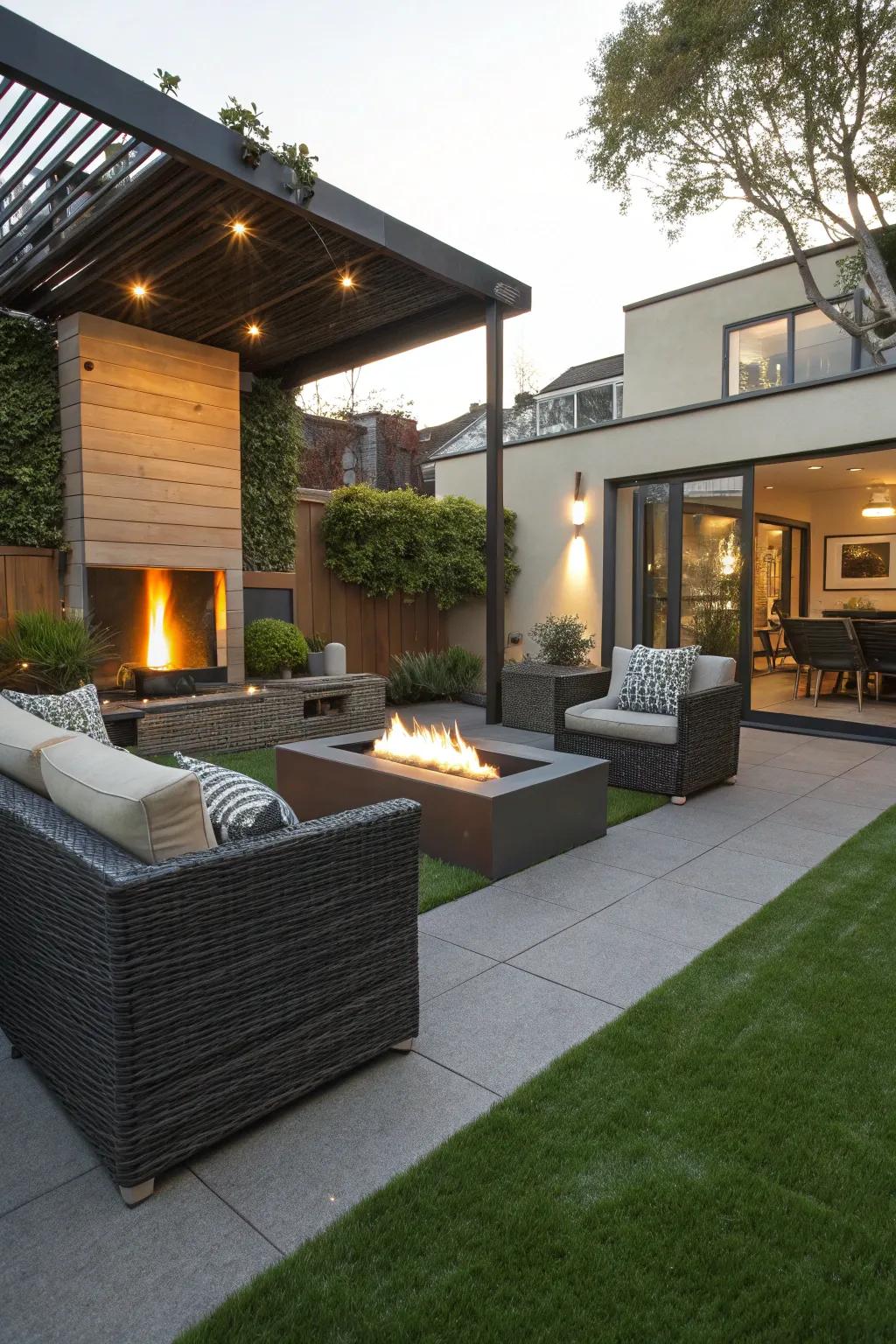 A modern patio effortlessly integrated with synthetic turf.