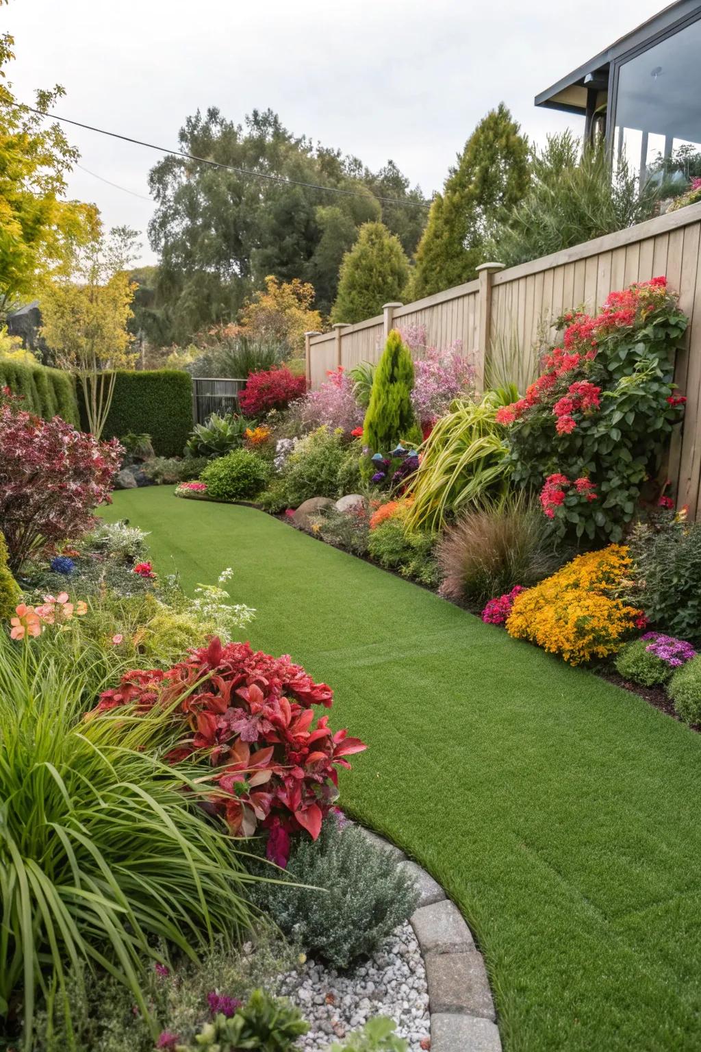 Genuine flora injects a vibrant contrast against the synthetic grass.