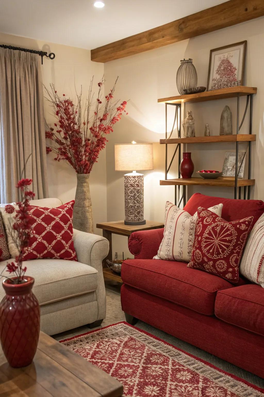 Crimson details offer vibrancy and good fortune to the interior.