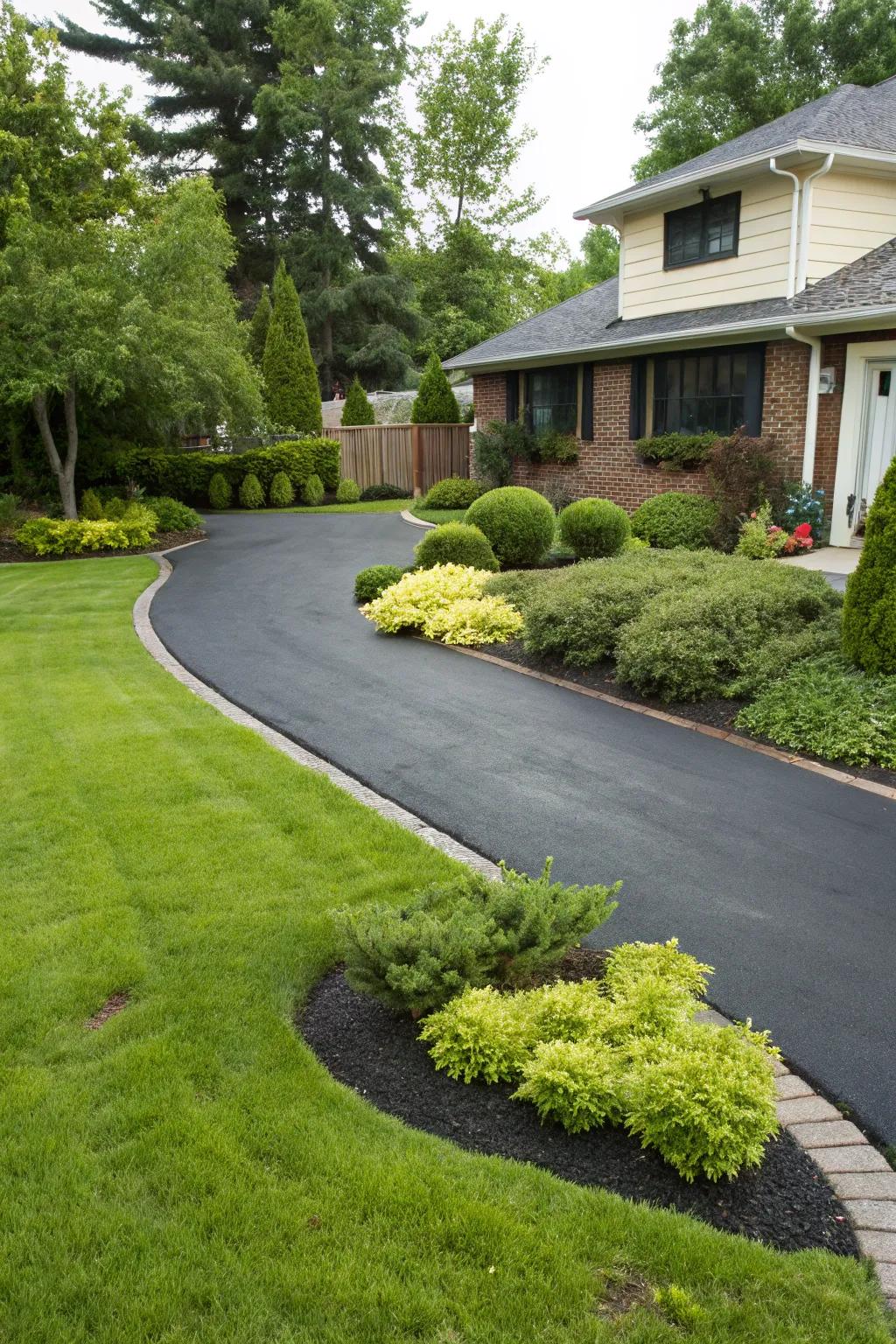 Deep tar contrasts exquisitely with flourishing green environments.