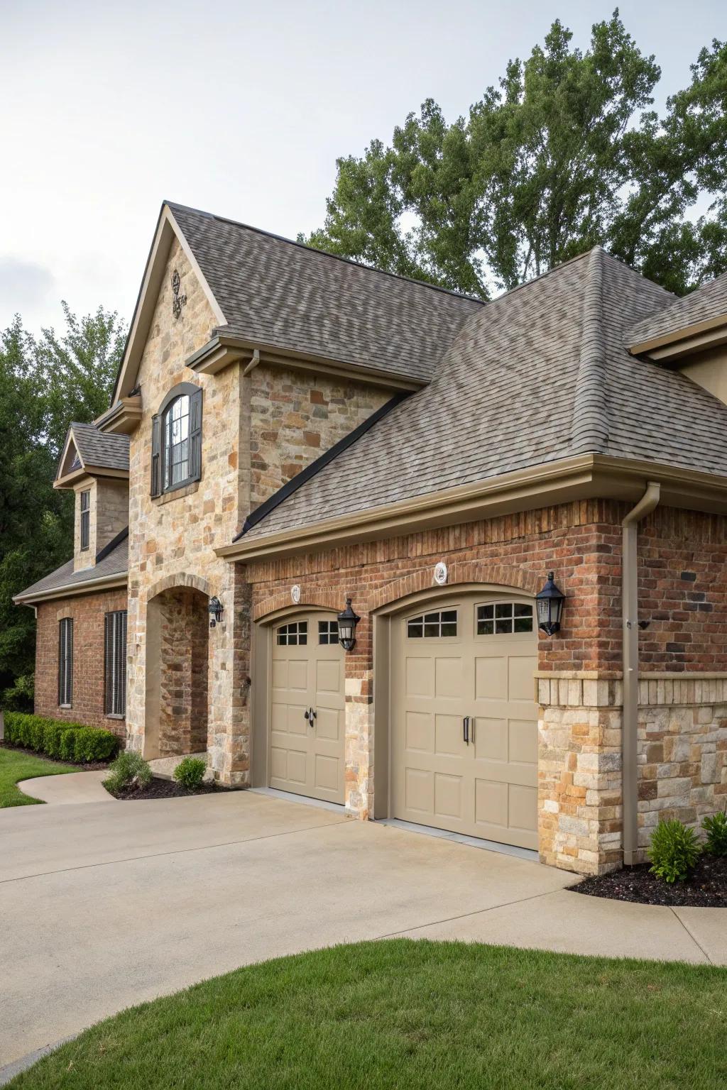 A garage leveraging supporting resources for a cohesive exterior.