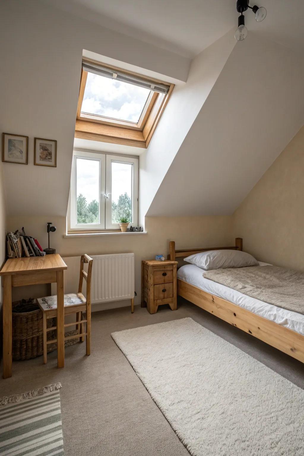 Simplicity is crucial in a minimalist attic bedroom.