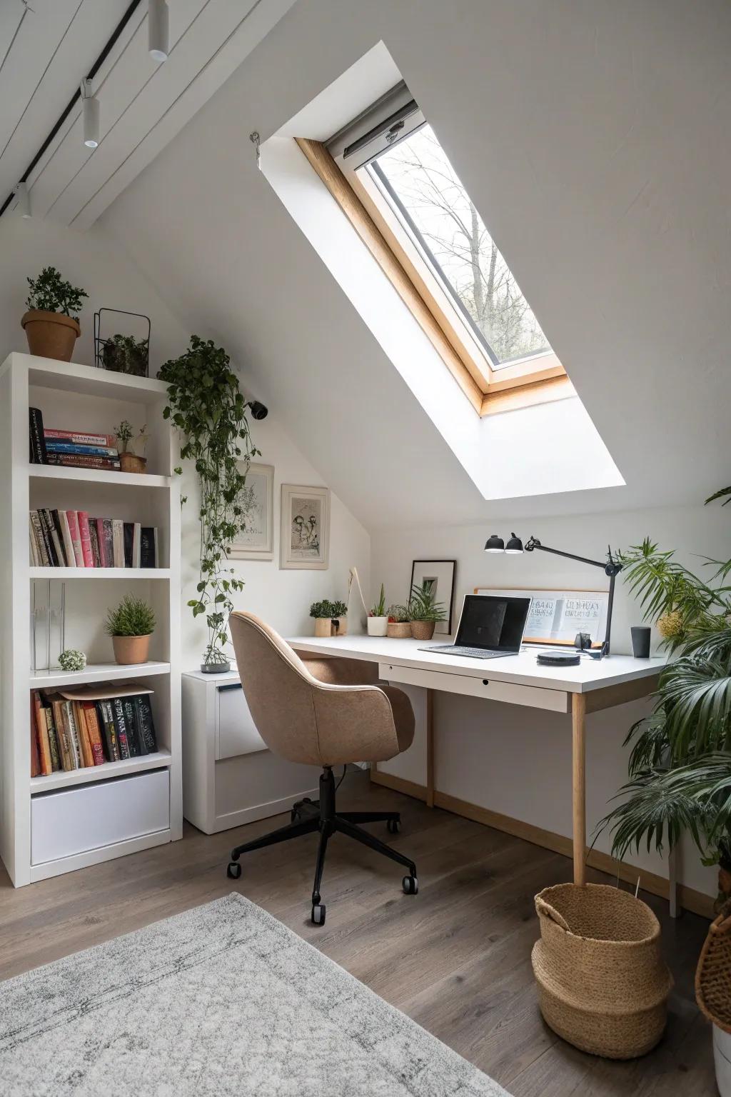 Amplify productivity within a serene attic workspace.