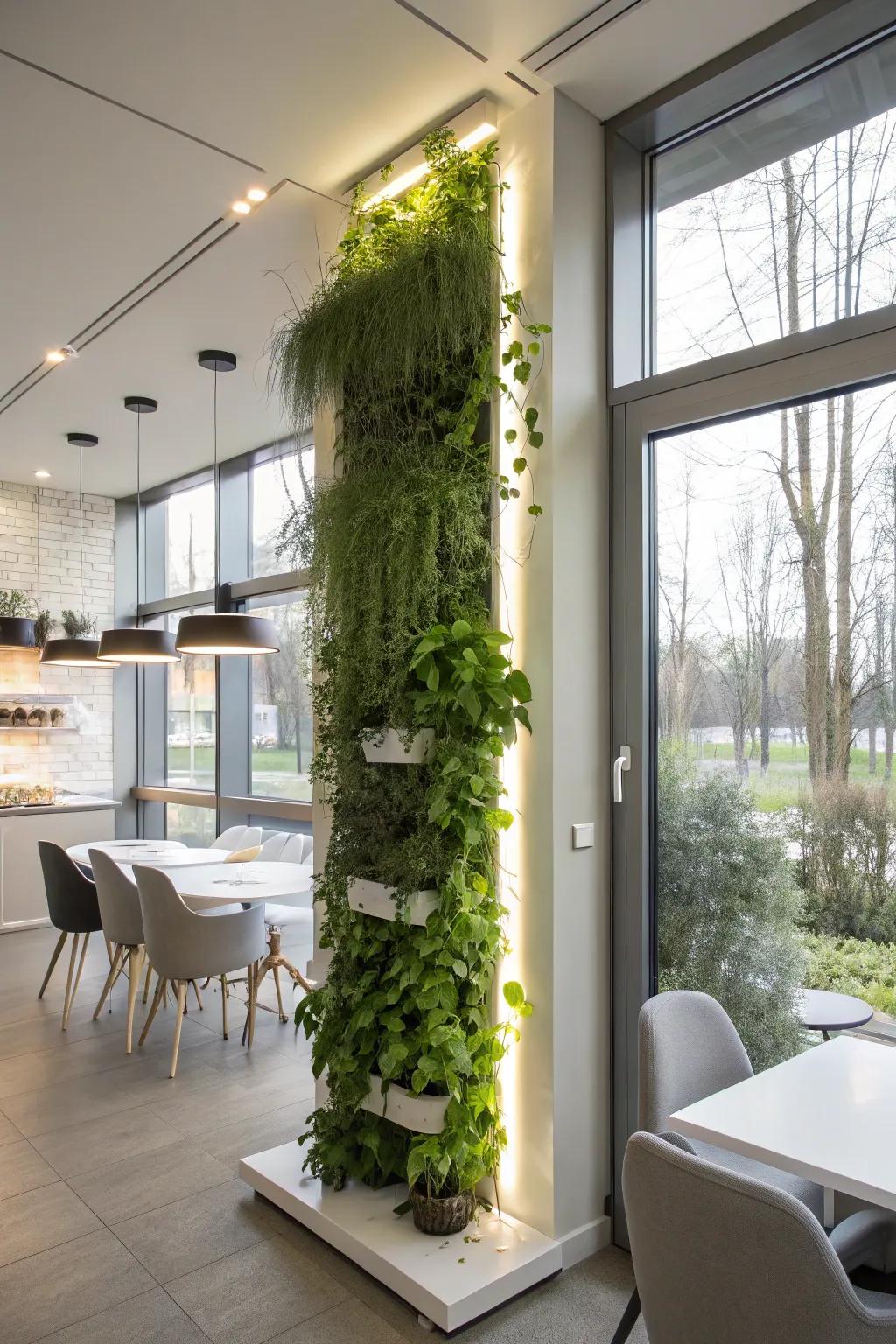 A wall-affixed plant feature enhanced by gentle grow lights.