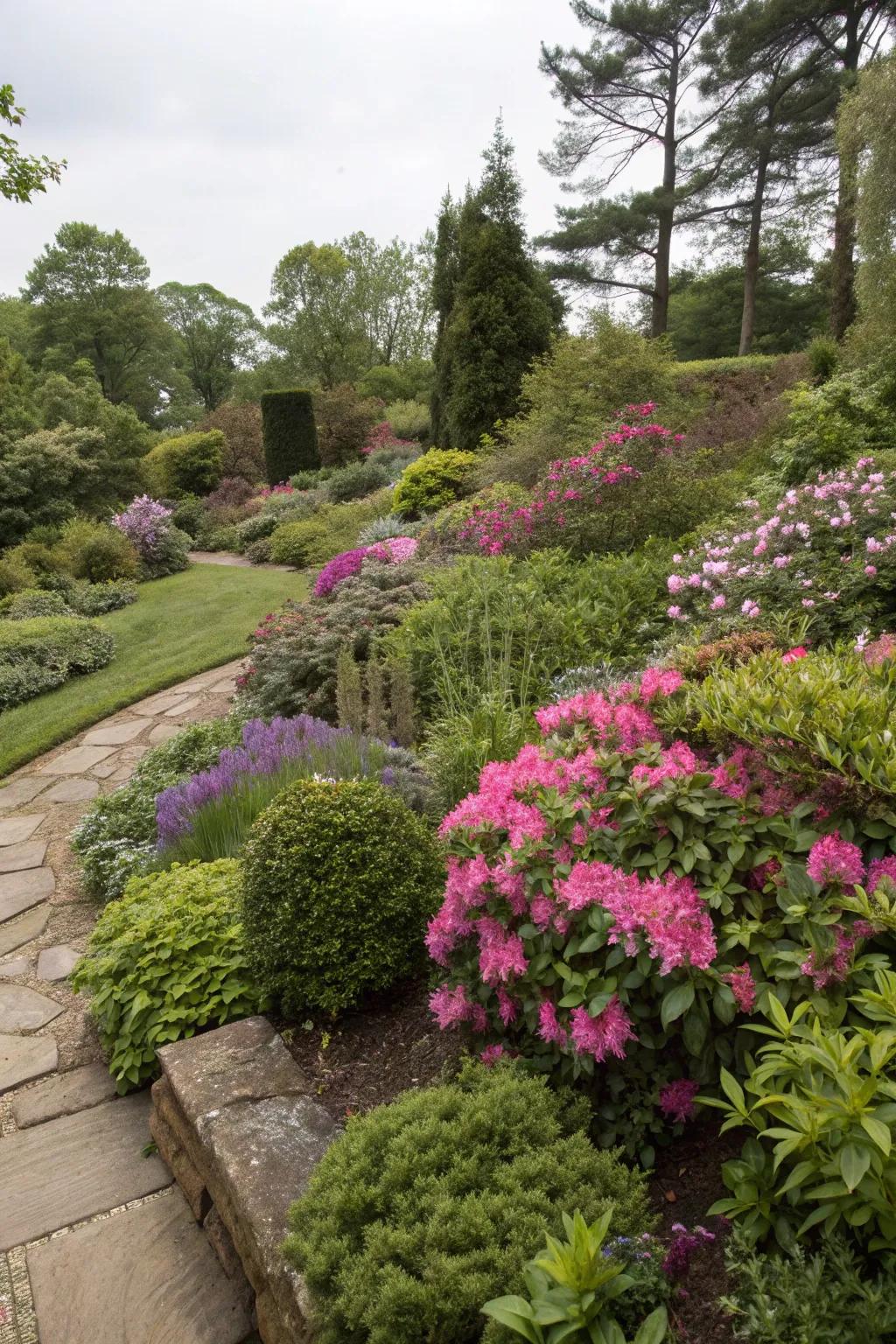 Layered plantings featuring azaleas, adding depth to the garden.
